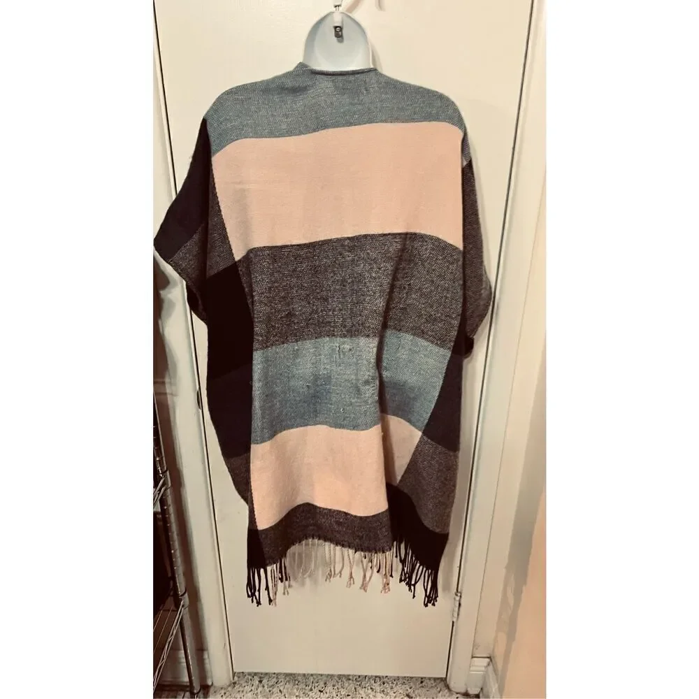 Ann Taylor Loft Pink Gray Blue Plaid Poncho Shawl Wrap One SIze